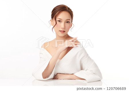 Beautiful young asian woman with clean fresh skin on white background, Face care, Facial treatment, Cosmetology, beauty and spa, Asian women portrait. Beautiful young asian woman with clean fresh skin on white background, Face care, Facial treatment, Cosmetology, beauty and spa, Asian women portrait. 120706689