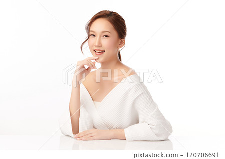 Beautiful young asian woman with clean fresh skin on white background, Face care, Facial treatment, Cosmetology, beauty and spa, Asian women portrait. 120706691