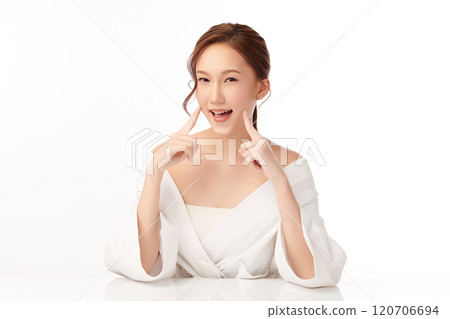 Beautiful young asian woman with clean fresh skin on white background, Face care, Facial treatment, Cosmetology, beauty and spa, Asian women portrait. 120706694