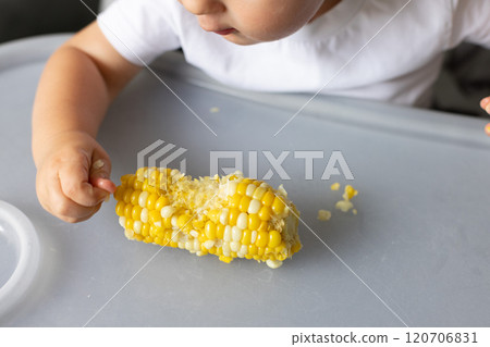 Baby eating sweet corn kernels from the table. Baby eating sweet corn kernels from the table. 120706831