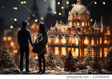 People in Christmas street near a decorated illuminated tree, 120706840