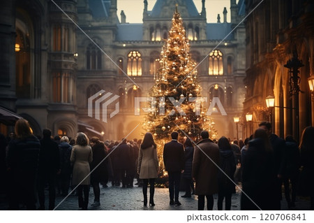 People in Christmas street near a illuminated trees, festive new year lights. 120706841