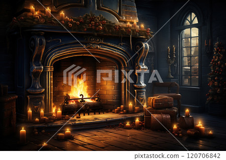 A room decorated with candles lights and gifts inside the house with fireplace. 120706842