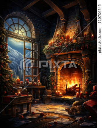 A room decorated with candles lights and gifts inside the house with fireplace. 120706843