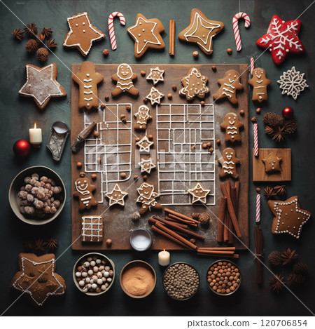 Delicious Festive Gingerbread Cookies Beautifully Decorated for the Joyous Holiday Season. Knolling 120706854