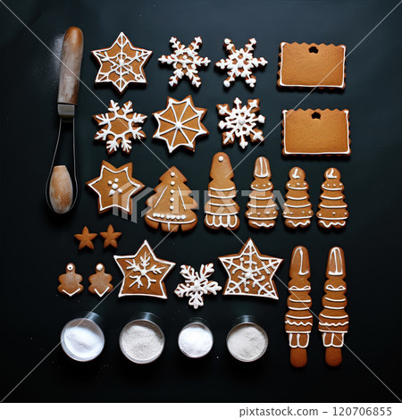 Delicious Festive Gingerbread Cookies Beautifully Decorated for the Joyous Holiday Season. Knolling 120706855