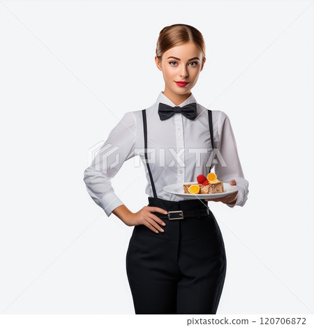An elegant waitress is professionally presenting sweet dessert in a formal restaurant uniform An elegant waitress is professionally presenting sweet dessert in a formal restaurant uniform 120706872