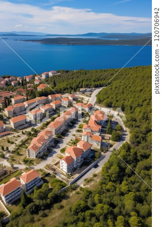 Aerial view of a stunning coastal residential area amid lush greenery and nature. An exquisite, luxurious modern villas 120706942