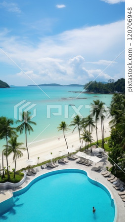 The ultimate Tropical Resort Paradise featuring an Infinity Pool and pristine Beach. Aerial view The ultimate Tropical Resort Paradise featuring an Infinity Pool and pristine Beach. Aerial view 120706948