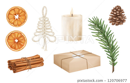 Christmas set with organic seasonal winter decor, oranges, cinnamon, spruce branches, candle, gift in natural color. Sustainable Christmas tree of recyclable material. Isolated holiday illustration 120706977