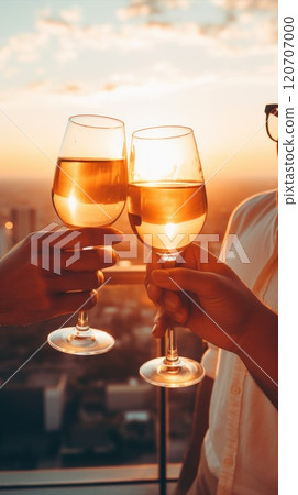 Gather together for a celebratory toast at sunset while clinking glasses of fine wine 120707000