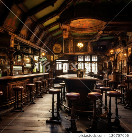 Interior of an old classic pub with a bar counter and high chairs. Vintage bar, place to relax, restaurant of European cuisine 120707006