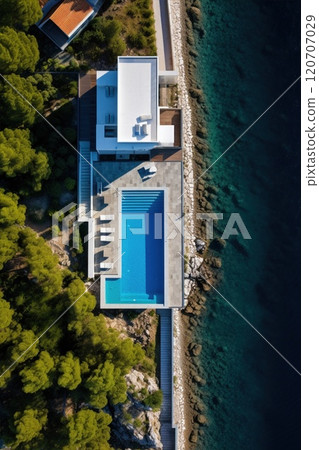 A modern waterfront villa with exquisite pools and scenic views. Stylish minimalist architecture of a private cottage. Secluded location, aerial top view 120707029