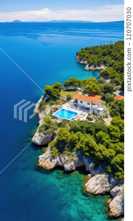 A modern waterfront villa with exquisite pools and scenic views. Stylish minimalist architecture of a private cottage. Secluded location, aerial top view 120707030