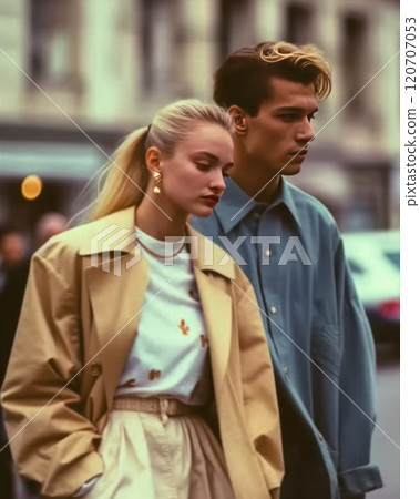 Young woman and man standing on street dressed in vintage outfits. Models show retro street fashion in the city. A Vibrant, Contemporary Cityscape and Atmosphere 120707053
