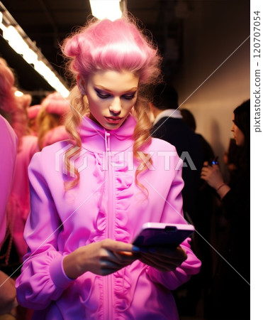 Futuristic Fashion Show Featuring Stunning Pink Outfits Worn by Models in Vibrant Attire 120707054