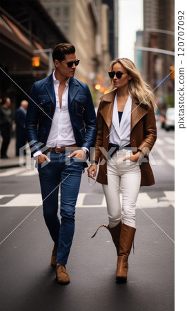 Stylish Urban Fashion Trendy Couple Dressed in Their Chic and Fashionable Attire. Young woman and man walking down the street dressed in smart casual outfits. Stylish Urban Fashion Trendy Couple Dressed in Their Chic and Fashionable Attire. Young woman and man walking down the street dressed in smart casual outfits. 120707092