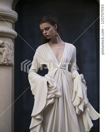 An Elegant Bride Dressed in a Flowing White Dress Poses Gracefully at an Architectural Landmark. A model poses in a chic white attire near an architectural backdrop An Elegant Bride Dressed in a Flowing White Dress Poses Gracefully at an Architectural Landmark. A model poses in a chic white attire near an architectural backdrop 120707093