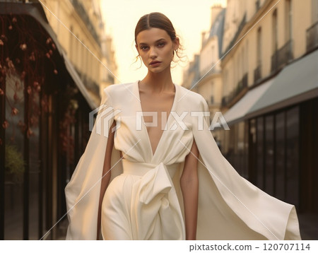 An Elegant Bride Dressed in a Flowing White Dress Poses Gracefully at an Architectural Landmark. A model poses in a chic white attire near an architectural backdrop 120707114