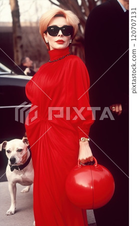 A stylish woman in red attire and chic sunglasses poses on the red carpet with her adorable dog 120707131