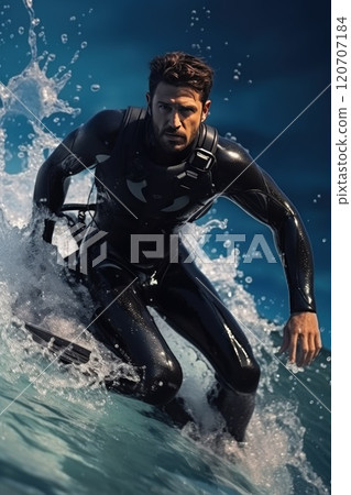 A man, in a wetsuit, surfs underwater enjoying the ocean waves, embodying adventure, in a display of action and skill 120707184
