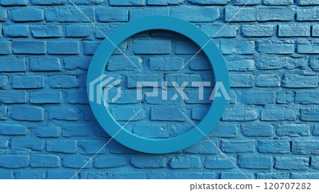Blue circular frame on blue brick wall, minimalistic design concept Blue circular frame on blue brick wall, minimalistic design concept 120707282