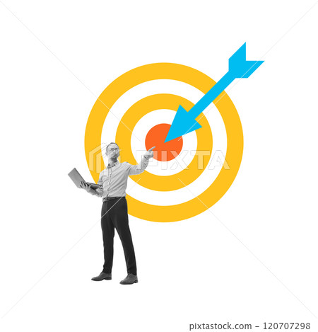 Goal. Businessman pointing at center of target with arrow symbolizing achievement and strategic focus. Conceptual design. 120707298