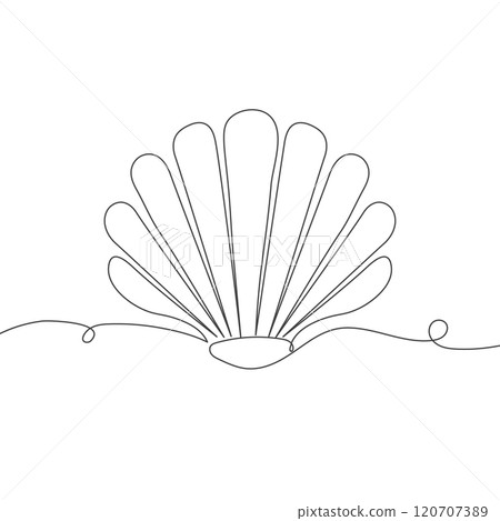 Continuous abstract one line drawing of sea shell icon. Scallop illustration, line art 120707389