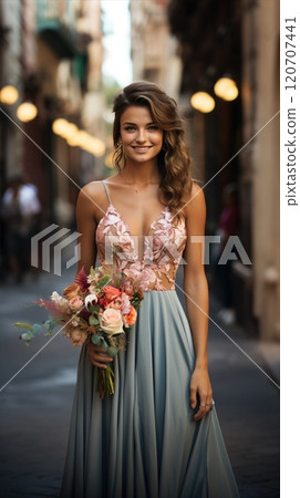 beautiful bride with a bouquet of flowers 120707441