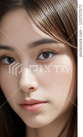 [9:16 版本] 一個美麗裸露皮膚的女人的臉，面向左，看著相機，亞洲美女 120707872