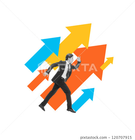 Businessman running against background of colorful arrows, representing the pursuit of business goals and success. Conceptual design. 120707915