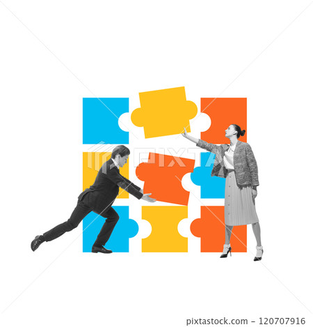 Two business professionals working together to assemble puzzle pieces, representing problem-solving, synergy and teamwork. Conceptual design. Two business professionals working together to assemble puzzle pieces, representing problem-solving, synergy and teamwork. Conceptual design. 120707916