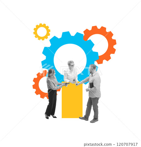 Group of professionals discussing work while standing among colorful gears, symbolizing teamwork and productivity. Conceptual design. 120707917