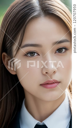 [9:16 version] Beautiful woman's face with bare skin, front, looking at camera, long hair, Asian beauty 120707950