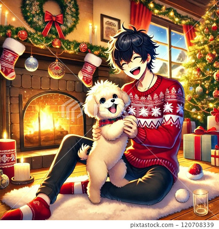 Christmas man playing with dog Christmas man playing with dog 120708339