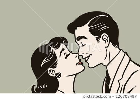 Kissing couple in retro style. Vector illustration. Happy Valentine's Day! Love and flirt concept 120708497
