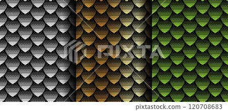 Seamless geometric pattern, snake fish, mermaid, dragon scales. Set texture pixel art style in white, gold, green colors, animal vector background for your design, cover and wallpaper 120708683