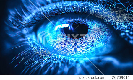 Biometric optical technology visualized with a futuristic holographic data patterns. The concept of advanced security, identity verification, and innovation in digital recognition. Generative AI. 120709015
