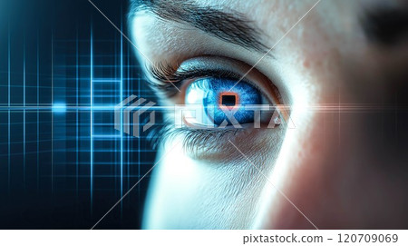 Biometric optical technology visualized with a futuristic holographic data patterns. The concept of advanced security, identity verification, and innovation in digital recognition. Generative AI. Biometric optical technology visualized with a futuristic holographic data patterns. The concept of advanced security, identity verification, and innovation in digital recognition. Generative AI. 120709069