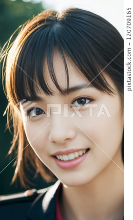 [9:16 version] Beautiful woman's face with bare skin, front, looking at camera, bangs, smiling, short hair, Asian beauty 120709165
