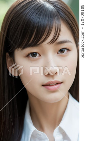 [9:16 version] Beautiful woman's face with bare skin, front, looking at camera, bangs, long hair, Asian beauty 120709189