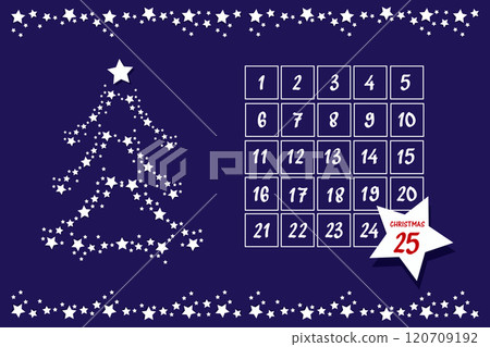 Christmas dark blue advent calendar with Christmas tree of white stars Christmas dark blue advent calendar with Christmas tree of white stars 120709192