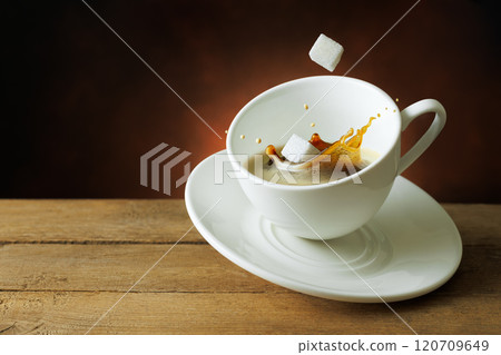 sugar cubes falling into flying cup of coffee with splashes on table 120709649