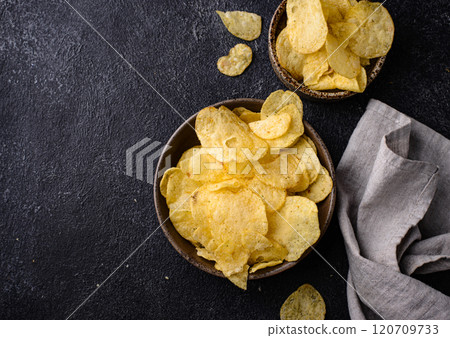 Crispy salty homemade potato chips Crispy salty homemade potato chips 120709733