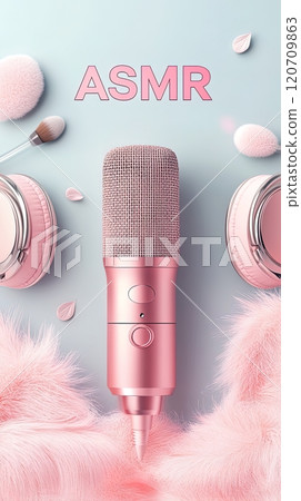 A pastel ASMR-themed composition with a pink microphone, headphones, fluffy textures, and beauty accessories. Generated AI. 120709863