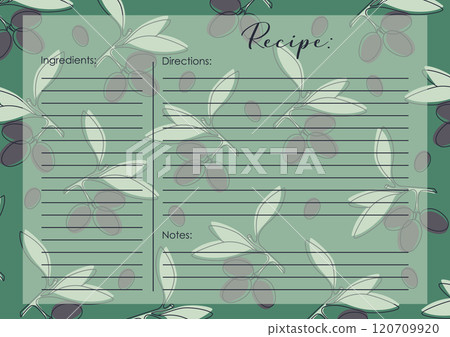 Recipe card template, black olives blank. Cartoon recipe card template illustration. Gourmet food 120709920