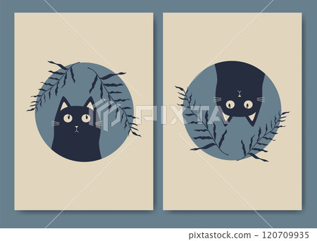 Black cats aesthetic boho illustration. Domestic kitty 2d cute template set Black cats aesthetic boho illustration. Domestic kitty 2d cute template set 120709935
