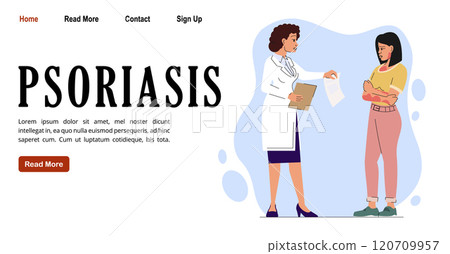 Psoriasis treatment and prevention banner. Doctor making test, woman with allergic skin inflammation 120709957