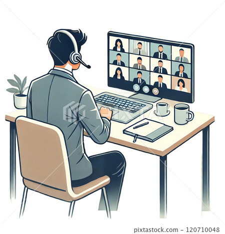 Illustration of an office worker holding a web conference while working from home 120710048