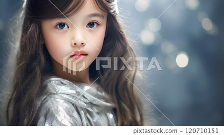 Portrait of smiling asian girl child with long white hair silver background. 120710151